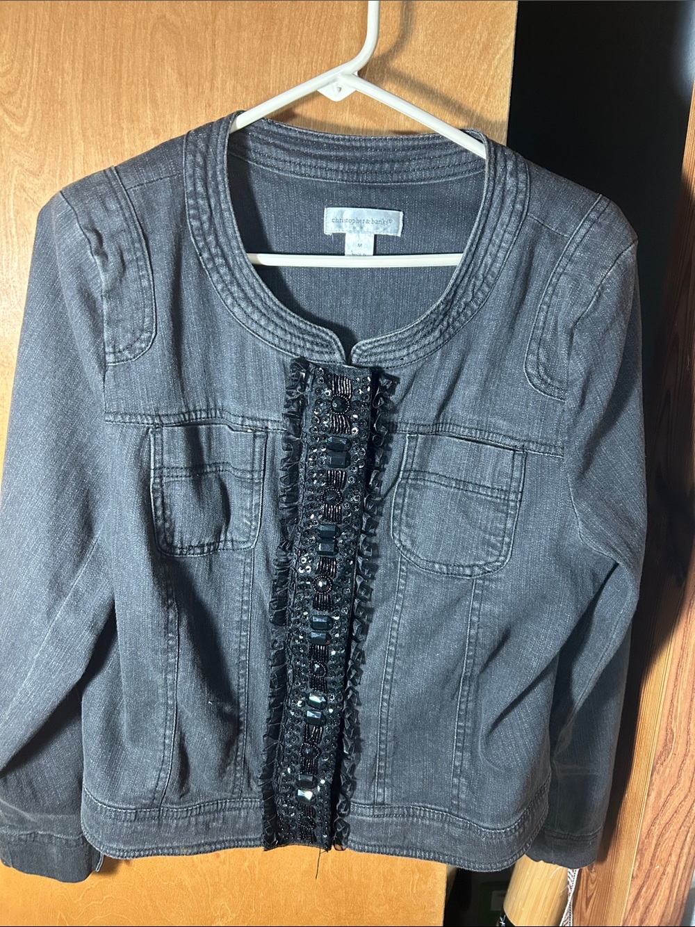 Christopher & Banks Gray Jean Jacket with Beaded Front Trim